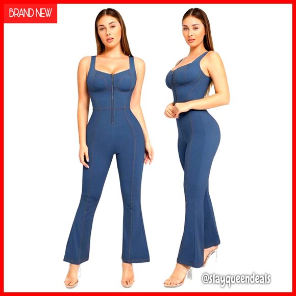 Faux Denim Jumpsuit with Built-In Shapewear Tummy Control X-Large